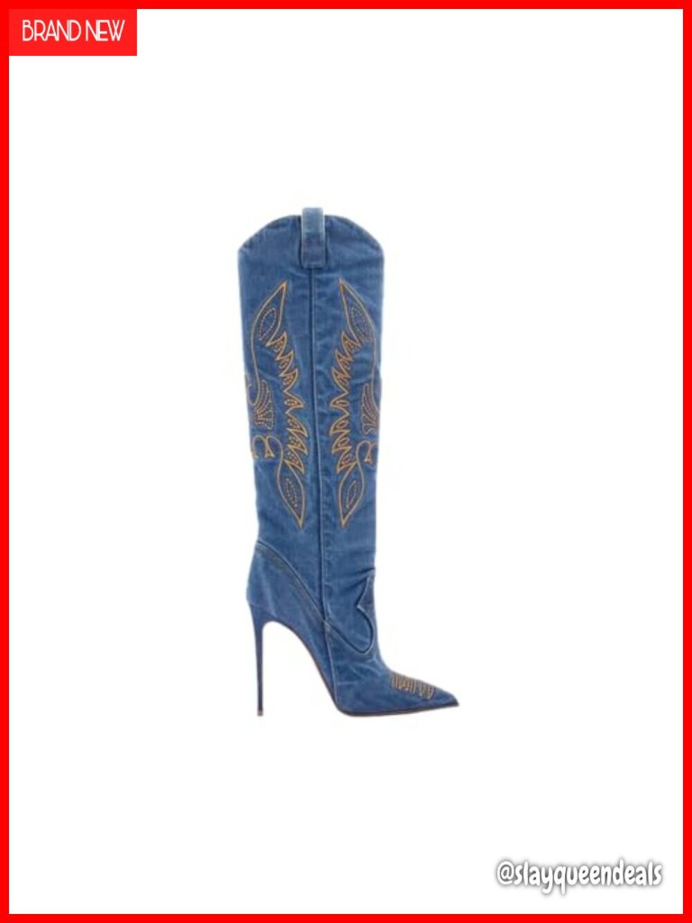 Denim Stiletto Heel Knee-High Boots Pointed Toe Embroidered